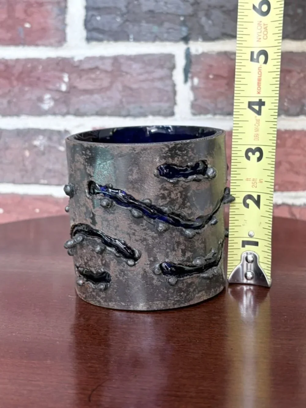 Vintage 90'S Pier 1 Brutalist Metal & Cobalt Blue Glass Candle Holder